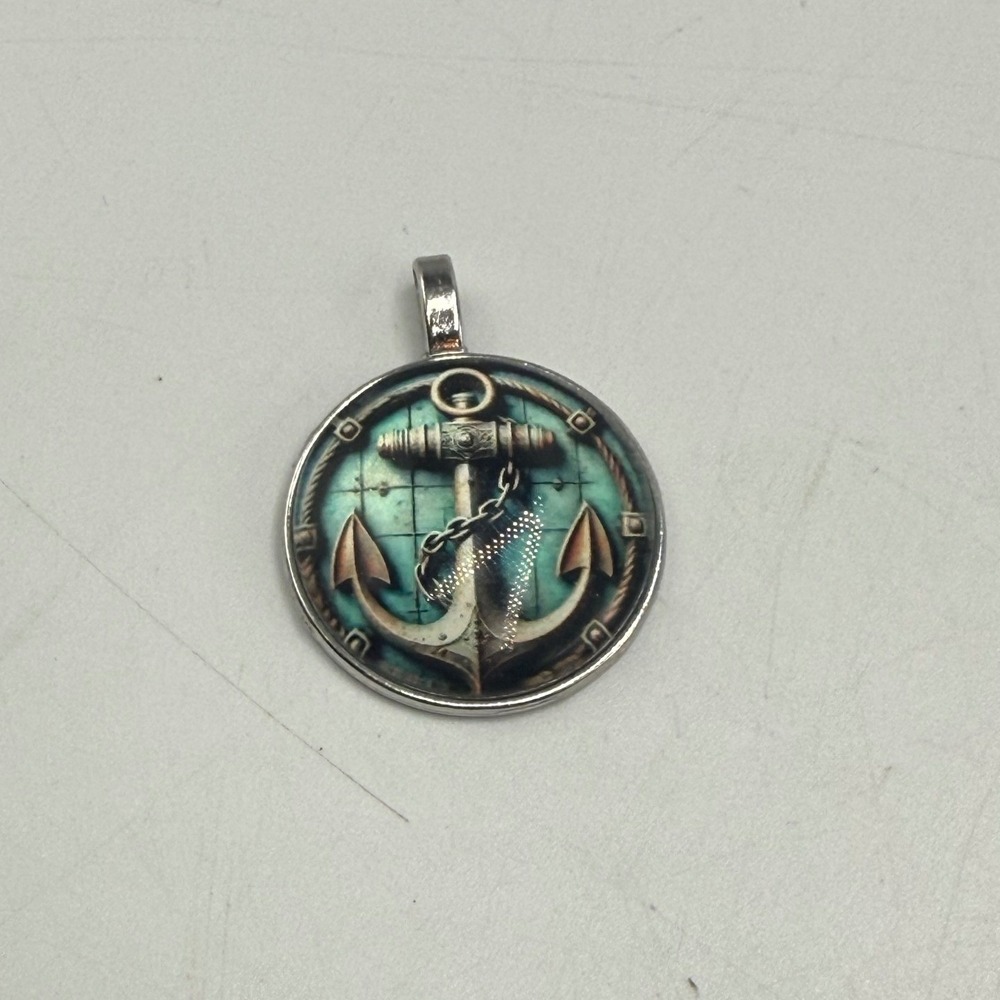Nautical Anchor Pendant Silver Tone Teal Maritime Map Circular Charm